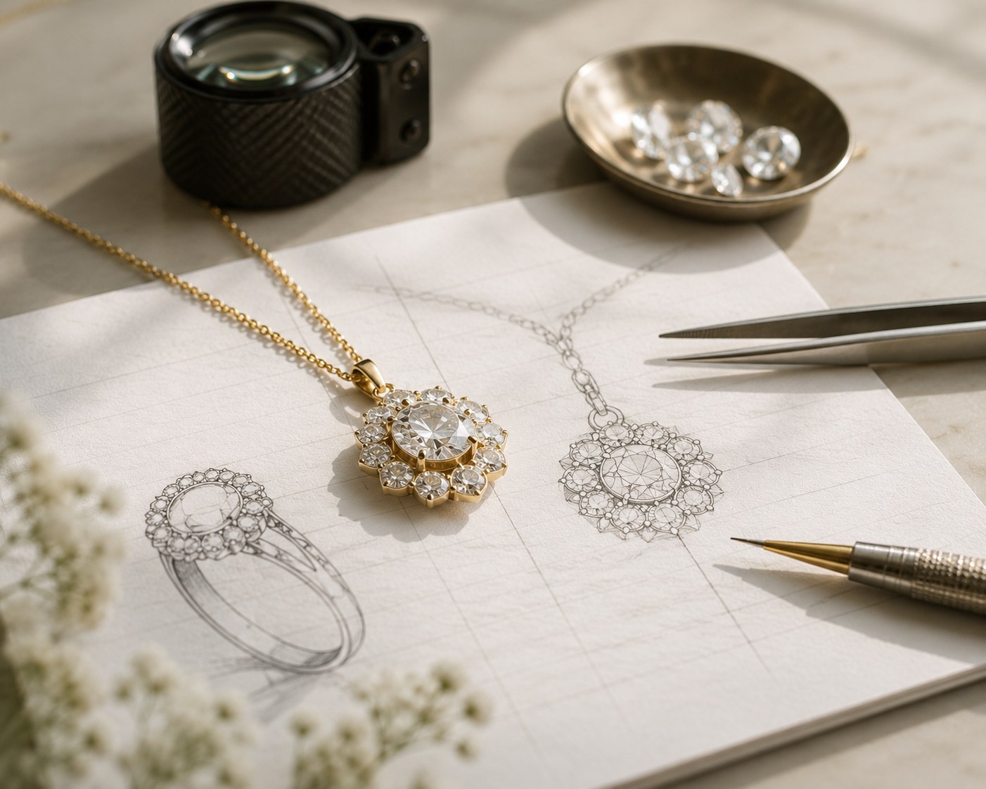 Custom jewellery design sketch with finished gold pendant
