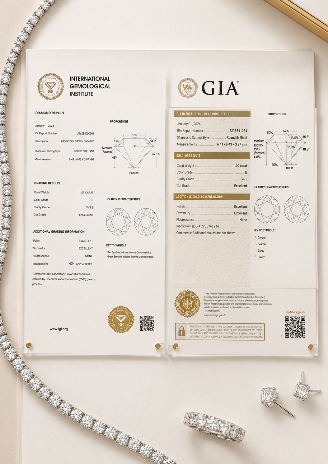 IGI certified diamond jewellery — necklace, bracelet, earrings, ring